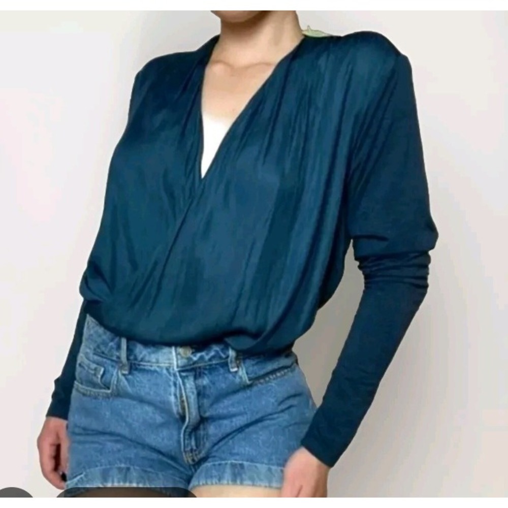 Dolan West Coat Surplice Drape Top Womens S Teal Blouse Chic Minimalist